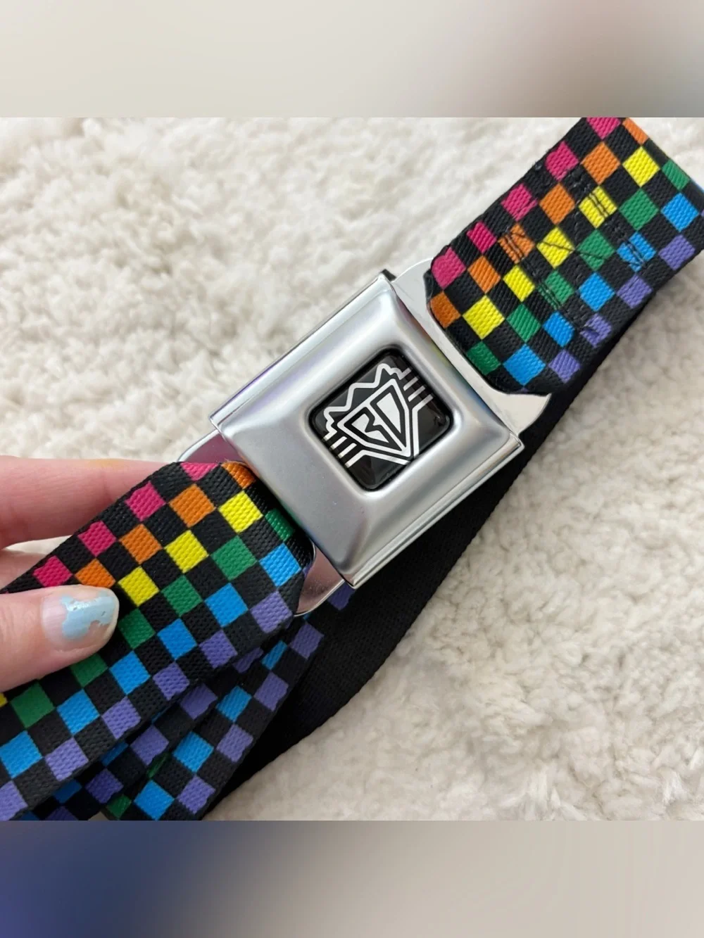 Buckle-Down Rainbow Checkered Seatbelt Adjustable Belt XL 32-52”